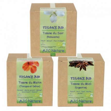 Pack de 3 boîtes de tisanes bio AJC Nature : Tisane du Matin, Tisane du Midi et Tisane du Soir