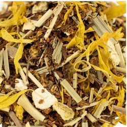 Gros plan détaillé sur les ingrédients bio : gingembre, citronnelle, zestes de citron et rooibos.