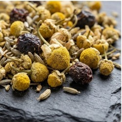 Détail des fleurs de camomille et herbes bio du mélange PH461