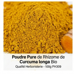 Zoom sur la poudre pure de rhizome de Curcuma longa biologique de qualité herboristerie.