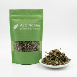 Sachet refermable de 100g de Thé Blanc Pai Mu Tan Bio AJC Nature avec sa coupelle de feuilles en vrac.