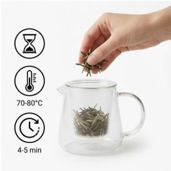 Guide d'infusion en 3 étapes pour réussir la préparation du thé blanc Pai Mu Tan : dosage, eau à 75°C et 4 minutes d'attente.
